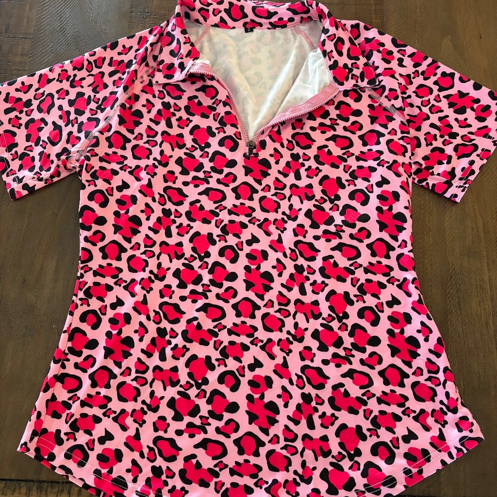 Womens hot pink and light pink leopard / cheetah print polo.